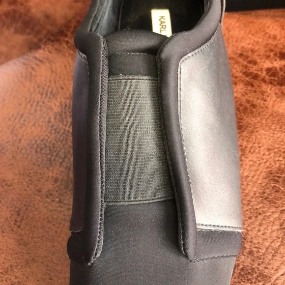 Embellished Karl Lagerfeld Black Slip-on Leather Sneakers Size 10M - Picture 4 of 10